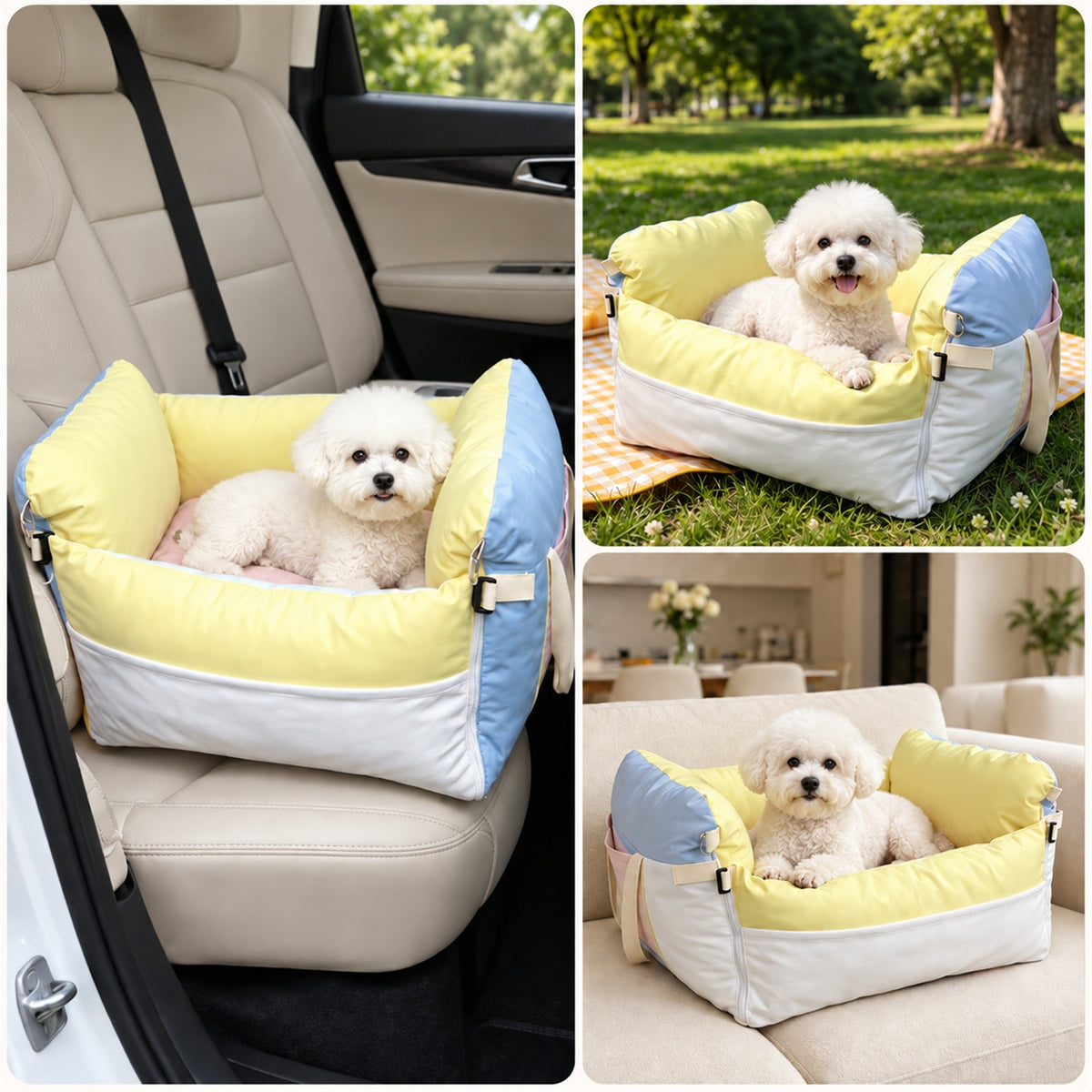 Pet Car Seat & Bed with Side Pockets & Washable Covers
