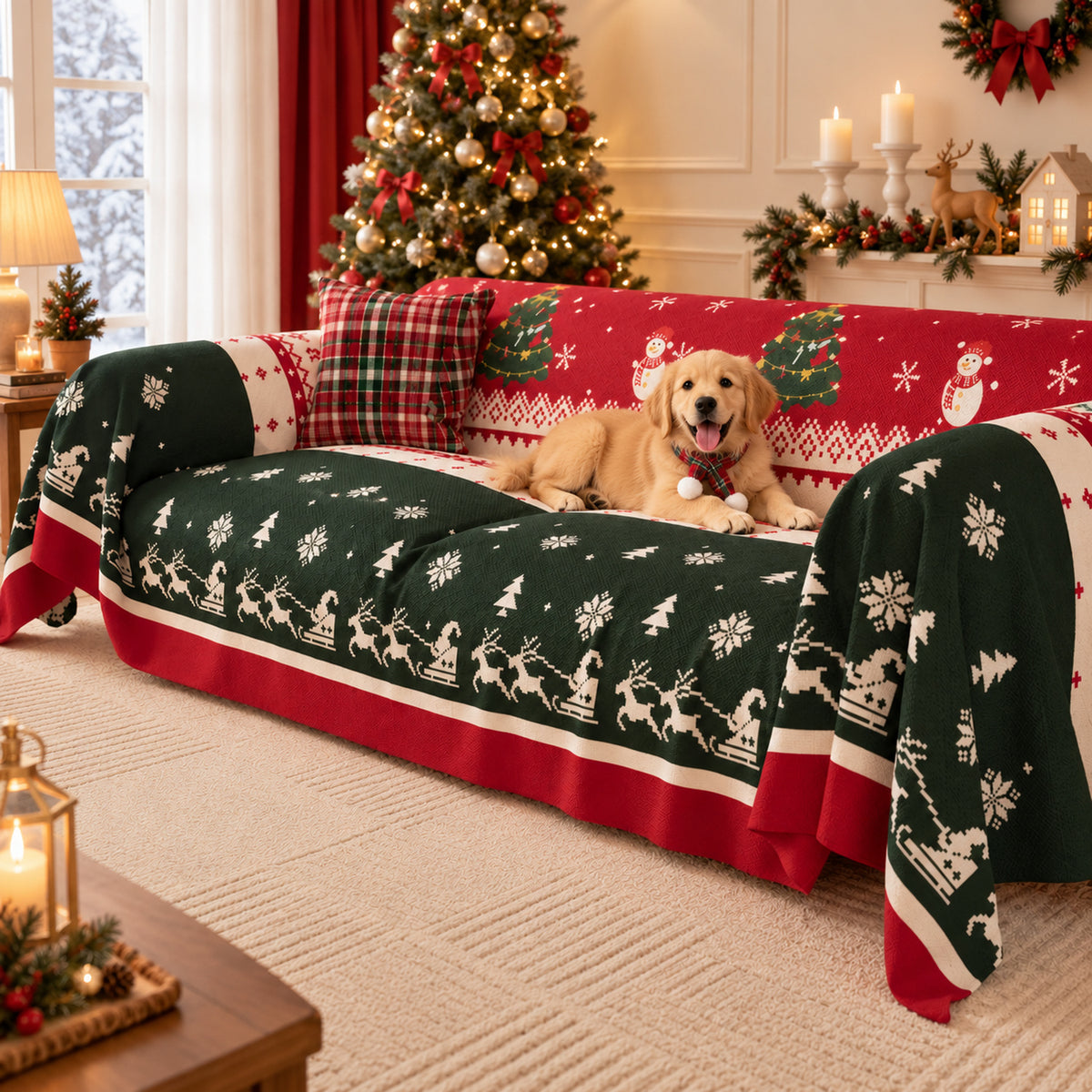 Christmas Sofa Throw | Washable Linen Sofa Cover | Reindeer Pattern
