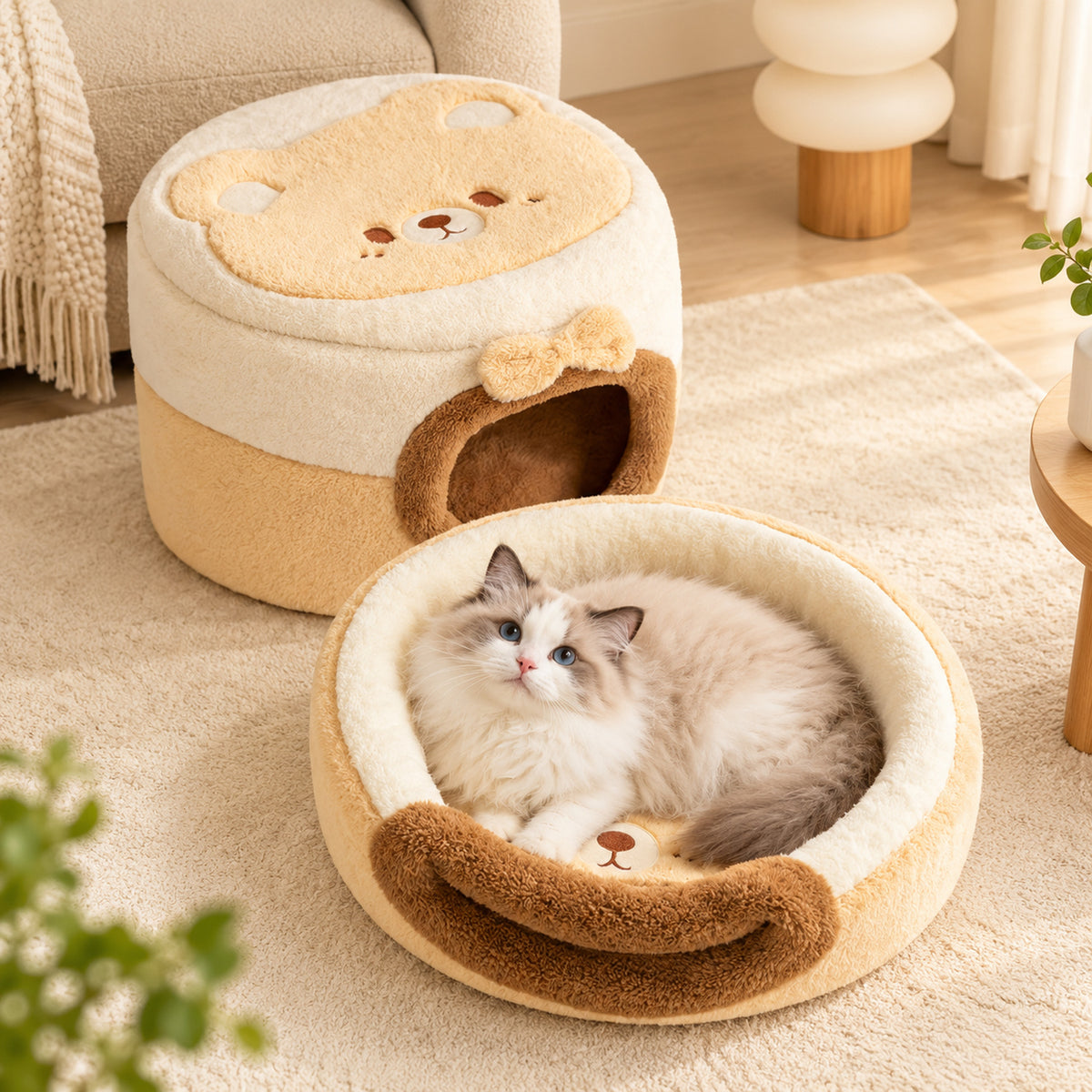 Cat Bed & Dog Bed | Convertible Plush Bear Cave for Winter