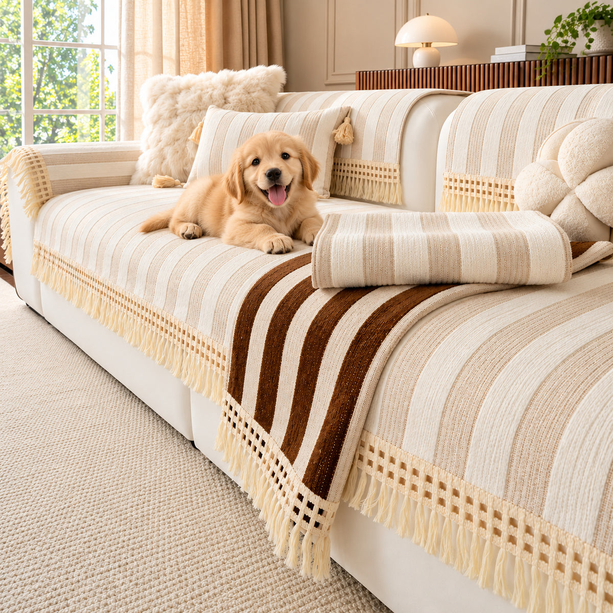 Chenille Sofa Cover | Non-Slip & Machine-Washable | Sofa Protector with Stripes and Fringe