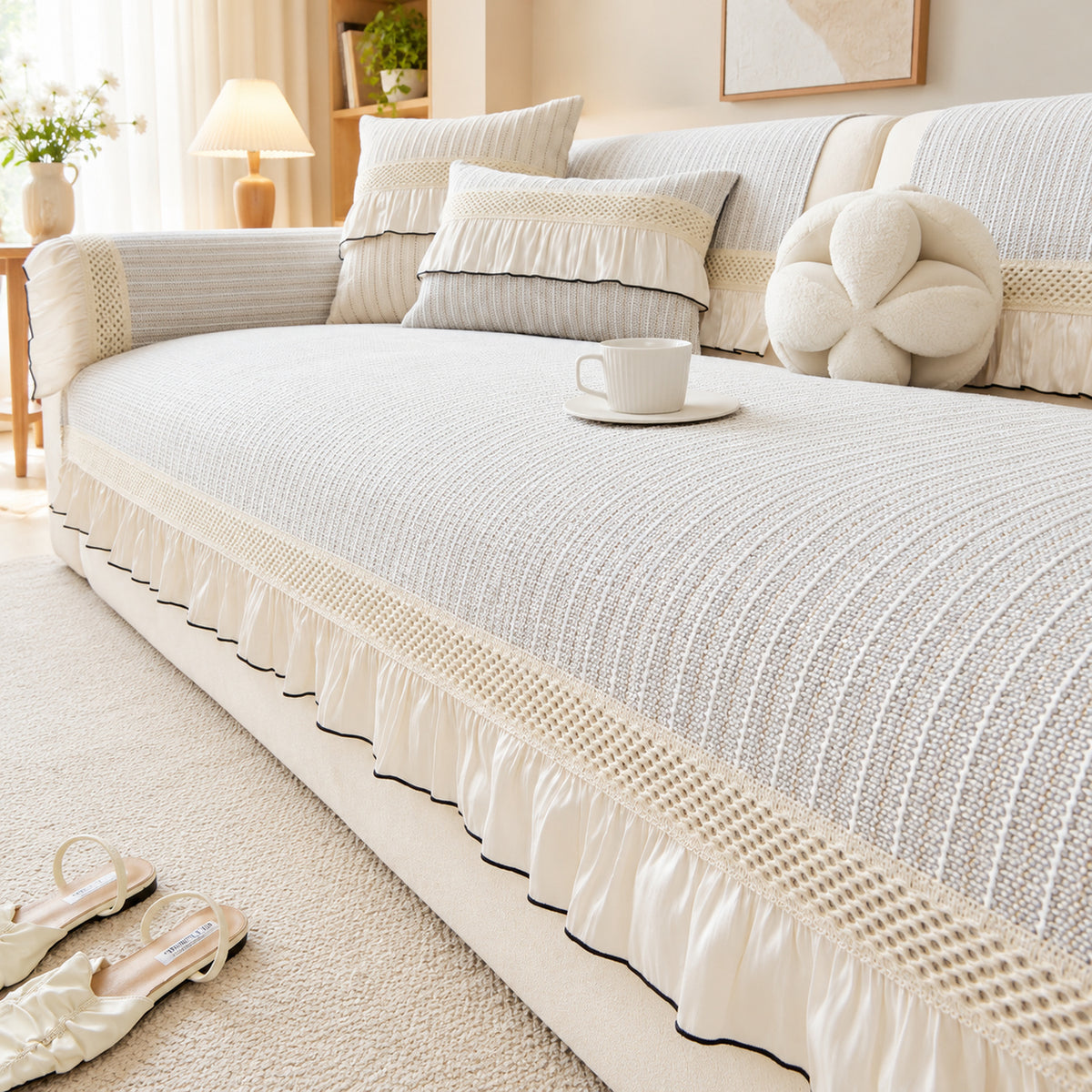 Chenille Scalloped-Edge Sofa Cover | Non-Slip Sofa Protector | Machine Washable