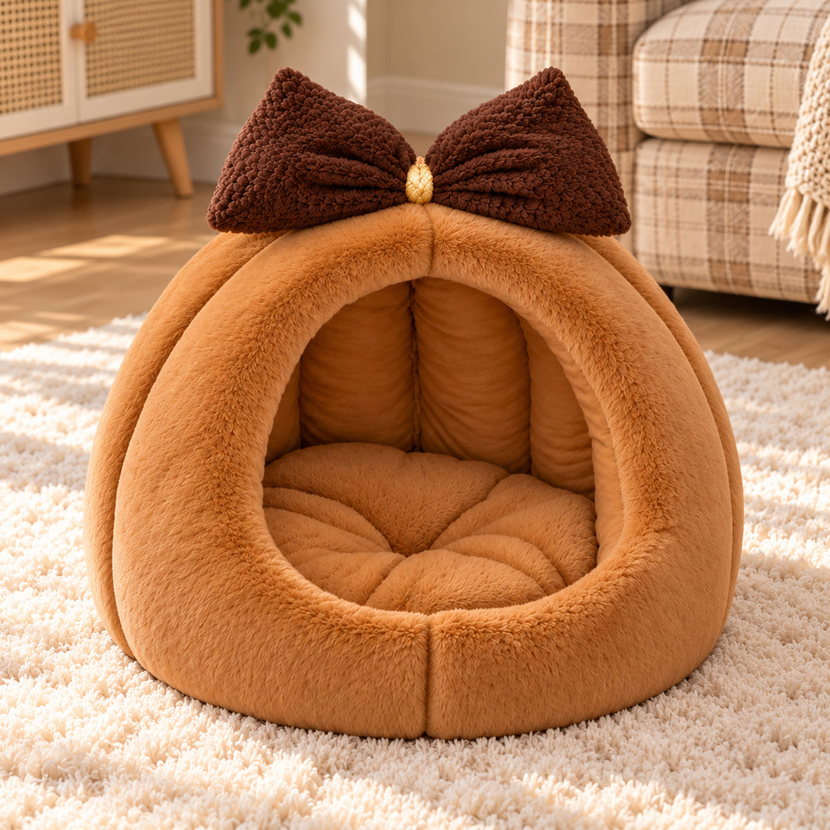 Cat Bed & Small Dog Bed | Cosy Cave with Bow Detail & Washable Cushion