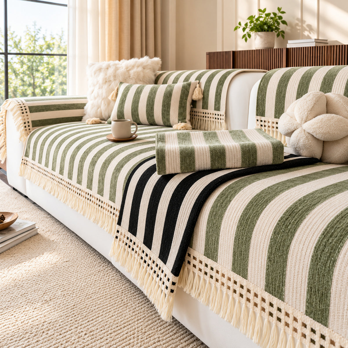 Chenille Sofa Cover | Non-Slip & Machine-Washable | Sofa Protector with Stripes and Fringe
