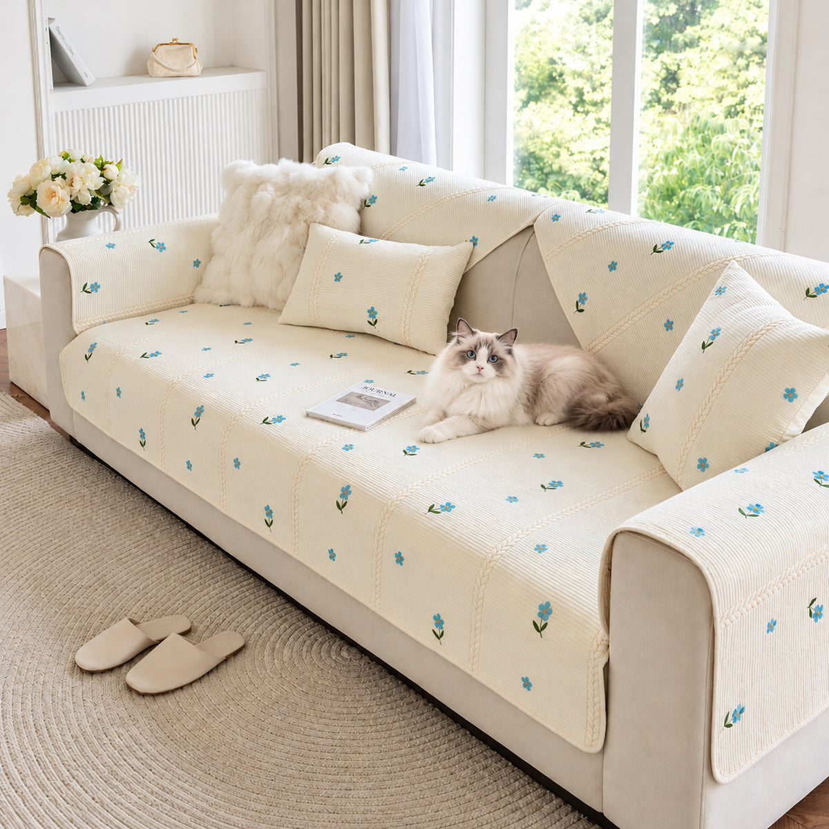 Floral Cotton Sofa Cover | Non-Slip Washable | Sofa Protector