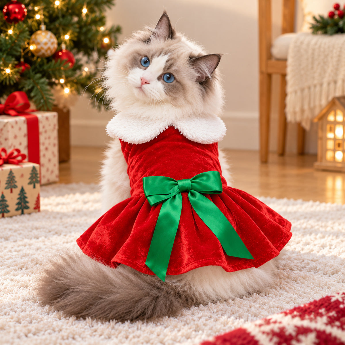 Christmas Dog Outfit | Velvet Dress for Dogs & Cats with Oversized Bow & Flared Skirt