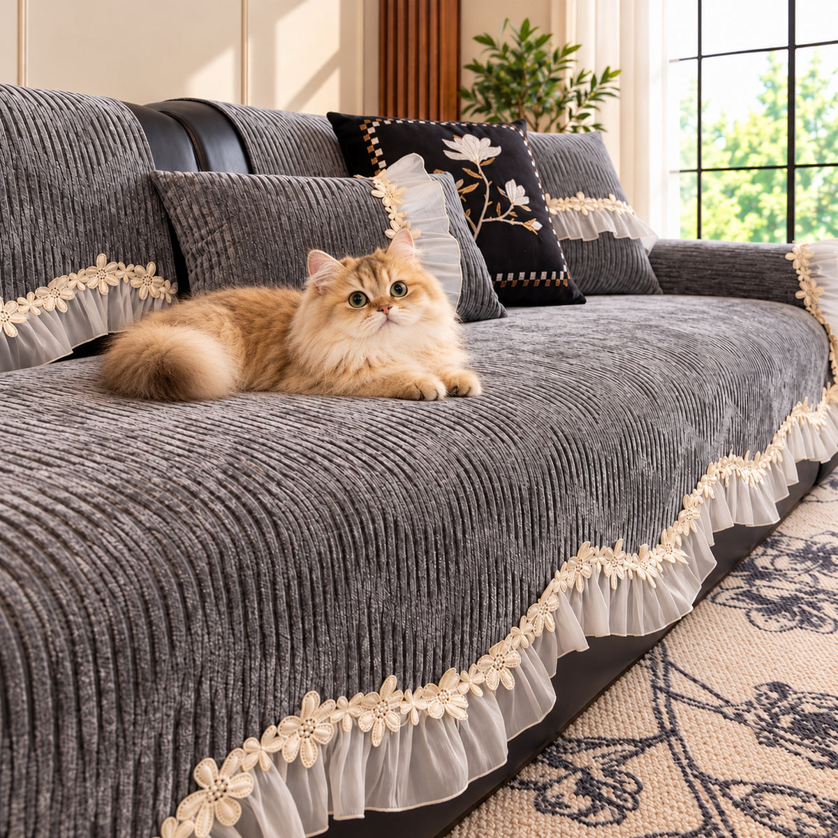 Chenille Sofa Cover | Non-Slip & Machine-Washable | Sofa Protector with Lace Trim