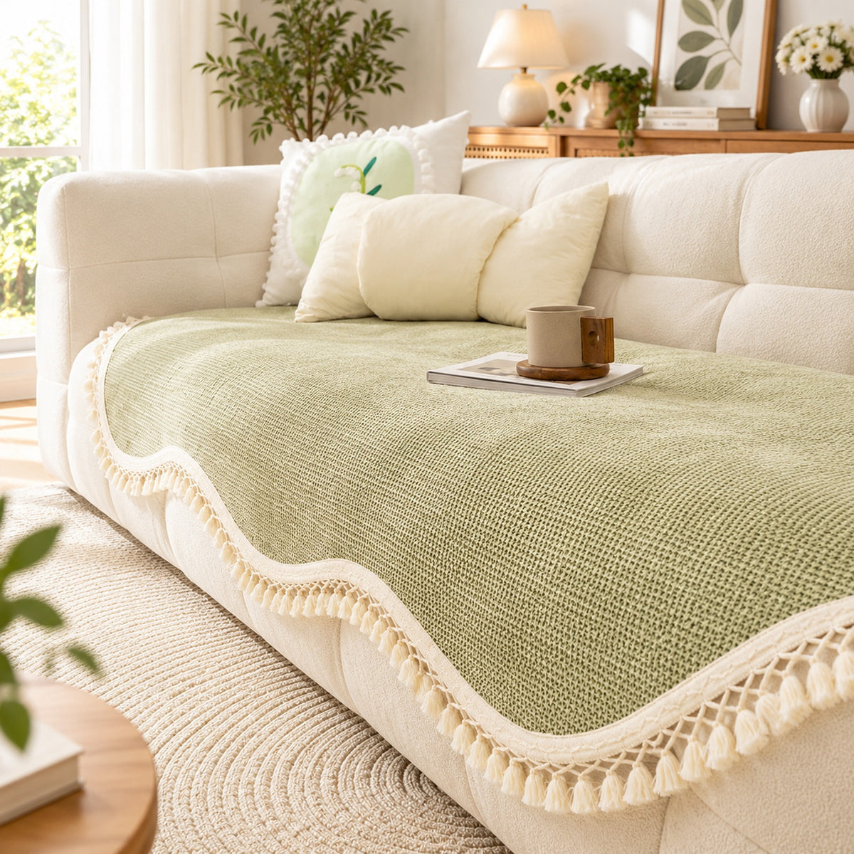 Chenille Sofa Cover | Non-Slip Washable | Sofa Protector with Tassels