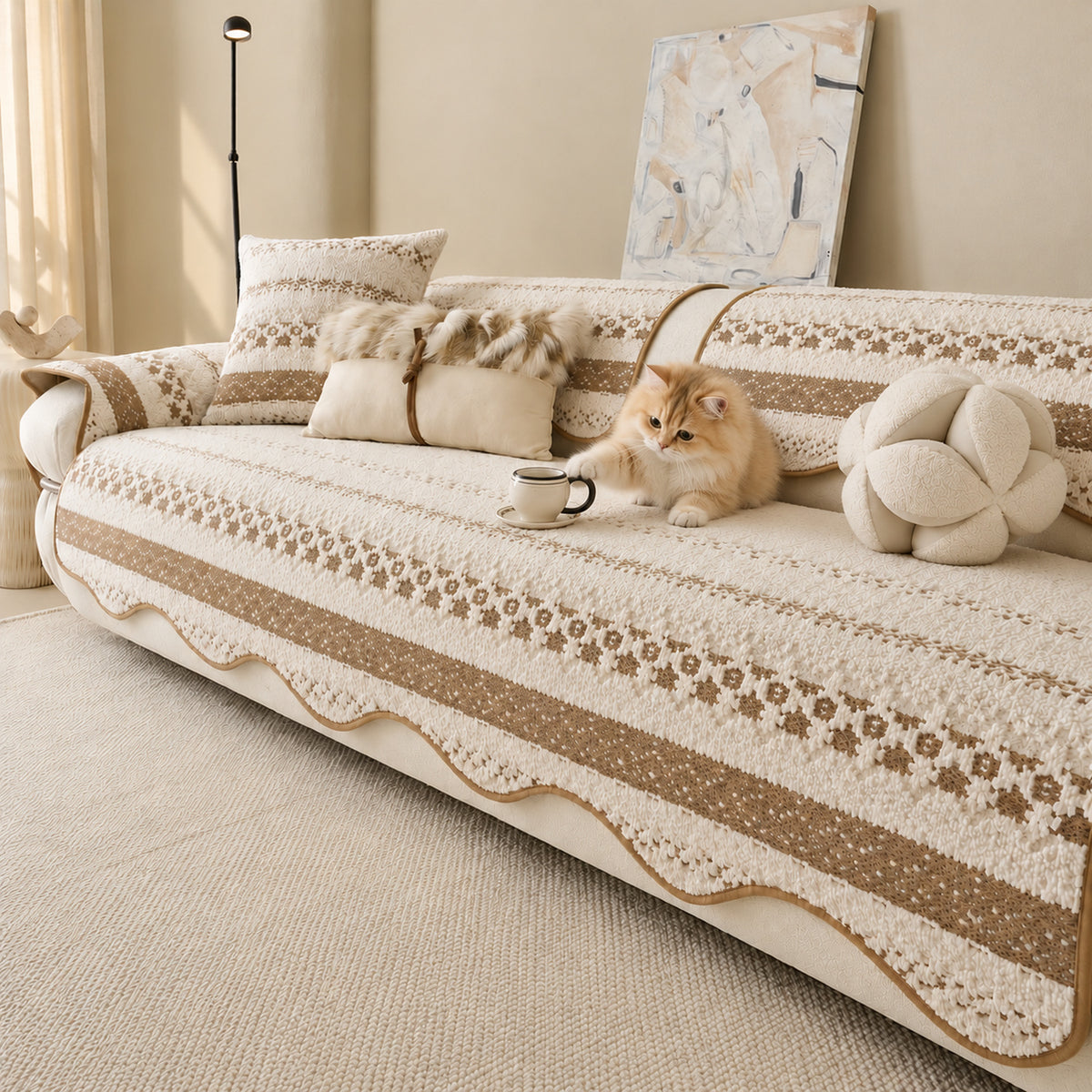 Plush Sofa Cover | Geometric Pattern with Non-Slip Backing