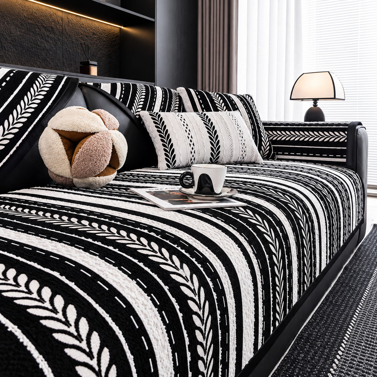 Botanical Stripe Chenille Sofa Cover | Non-Slip, Machine Washable