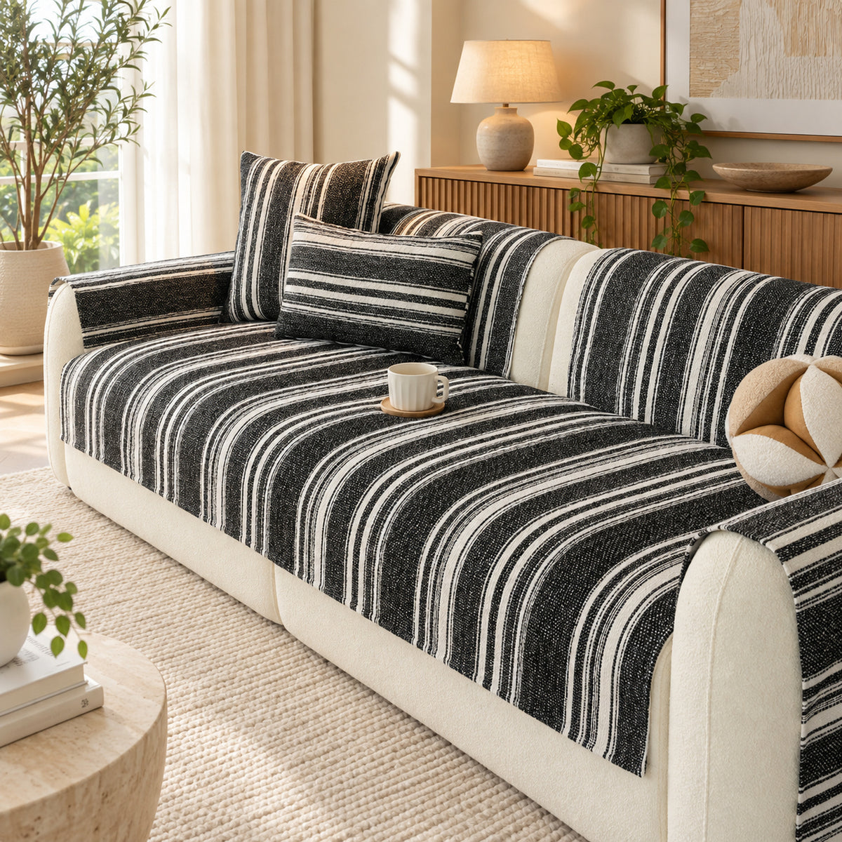 Striped Chenille Sofa Cover | Non-Slip Sofa Protector | Scratch-Resistant