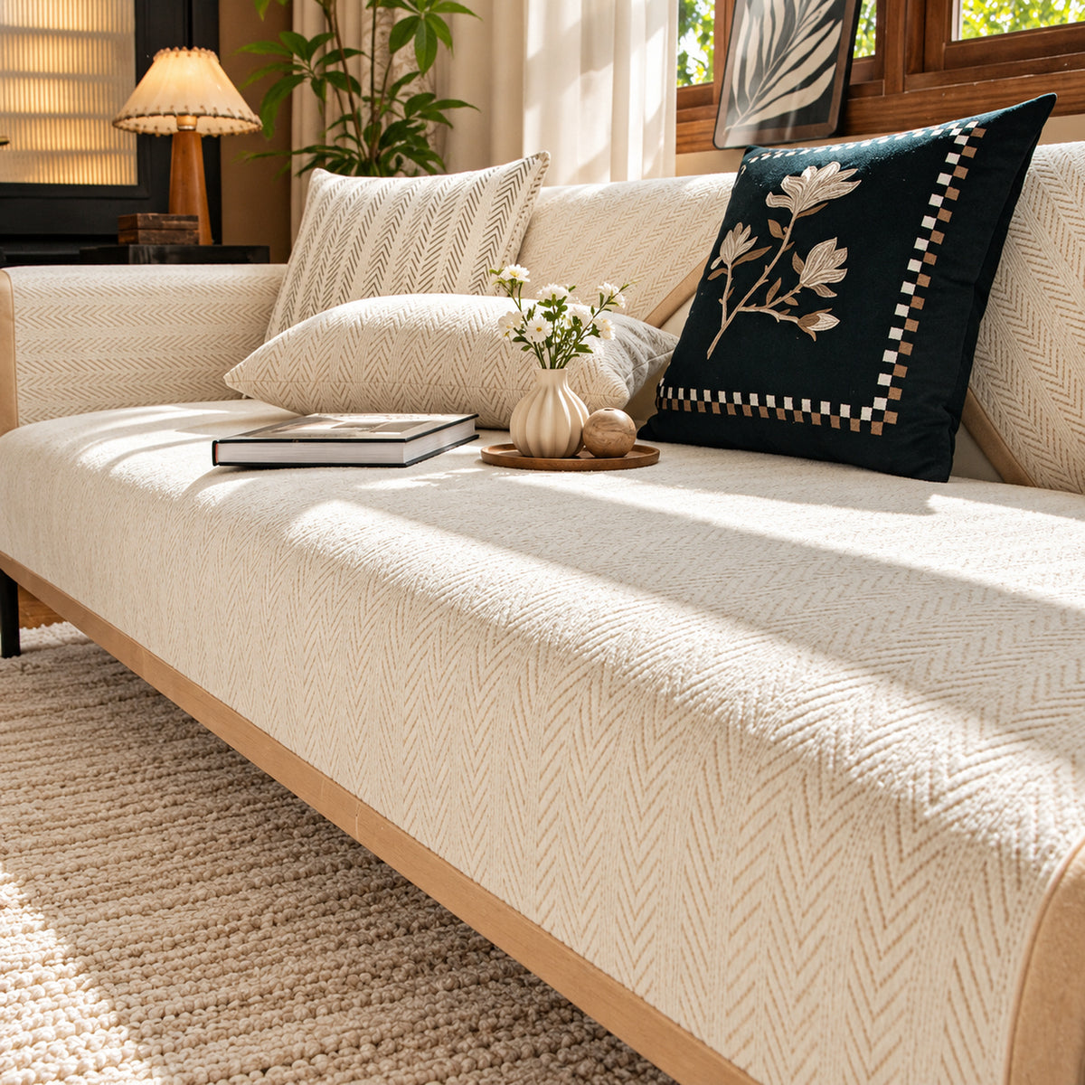 Herringbone Chenille Sofa Cover | Non-Slip & Machine Washable