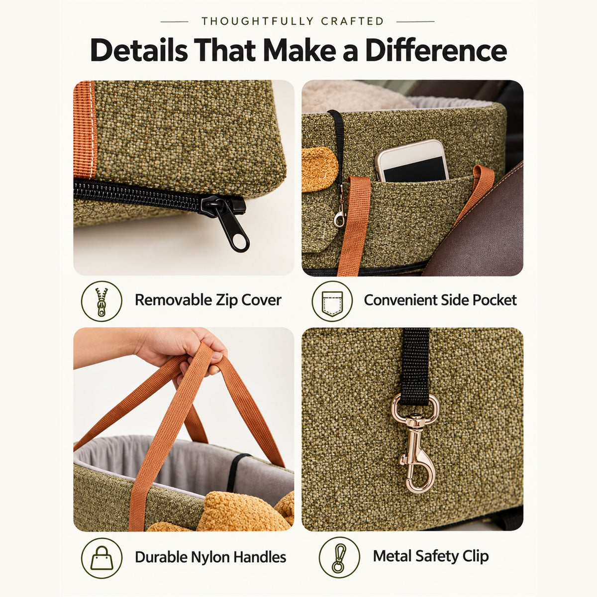 Dog Car Seat & Carrier Bag | Chenille with Carry Handles & Removable Cover