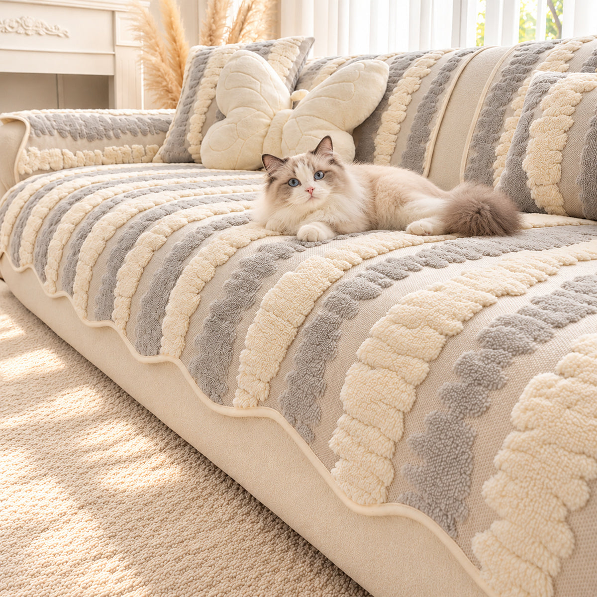 Plush Sofa Cover | Tufted Stripe Design | Non-Slip & Machine Washable
