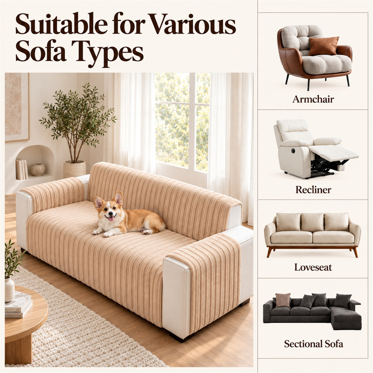 Waterproof Sofa & Recliner Cover | Ribbed Plush | Non-Slip, Machine Washable