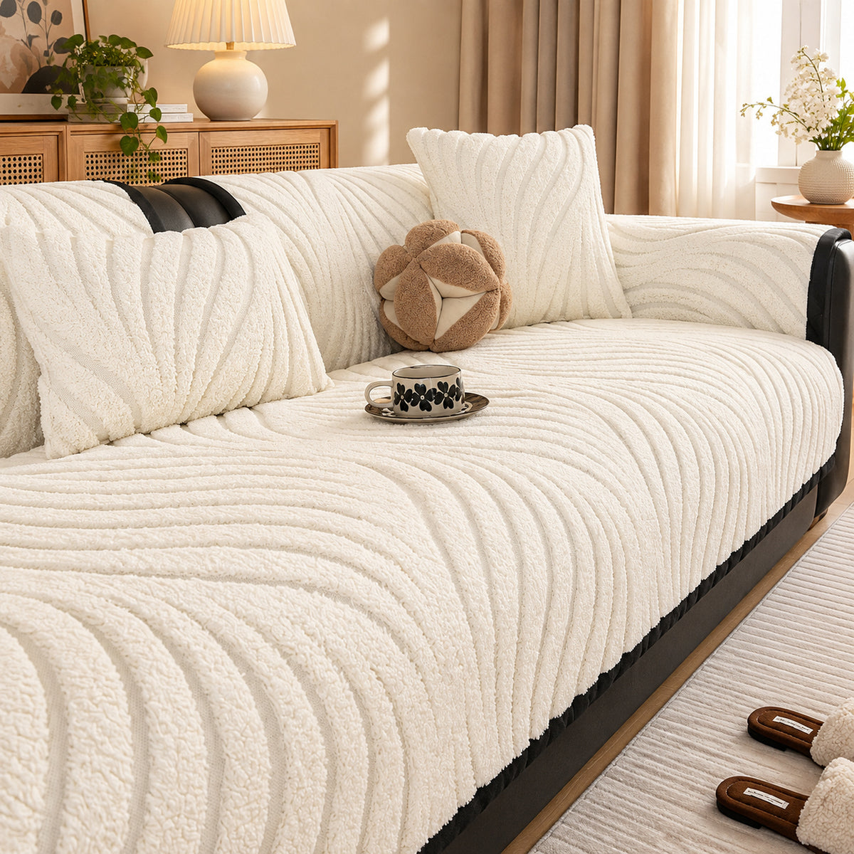 Ribbed Plush Sofa Cover | Non-Slip | Machine-Washable Sofa Protector