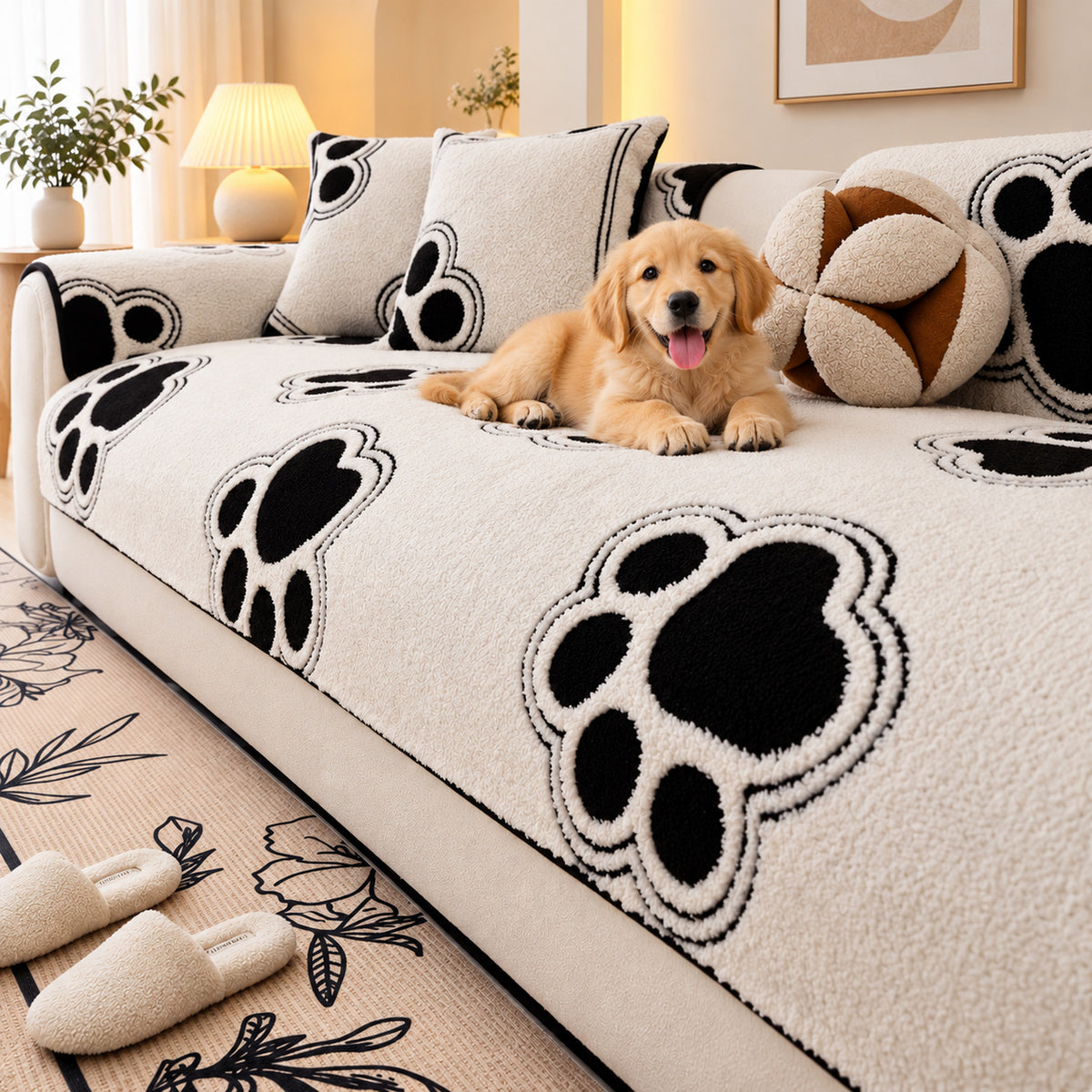 Sofa Cover | Plush Paw-Print Sofa Protector | Non-Slip & Machine Washable