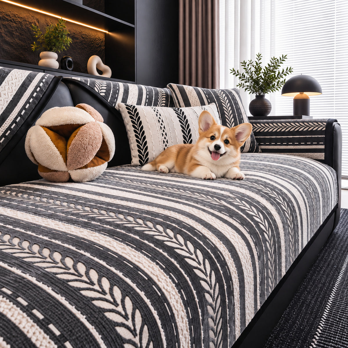 Botanical Stripe Chenille Sofa Cover | Non-Slip, Machine Washable