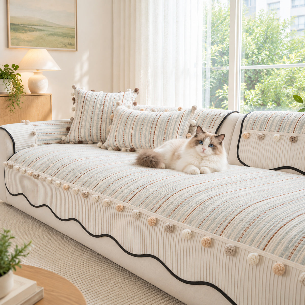 Sofa Cover in Chenille with Pom-Pom Trim | Non-Slip & Scratch-Resistant
