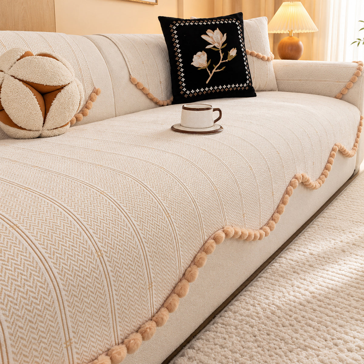 Chenille Sofa Cover with Pom-Pom Trim | Non-Slip & Machine Washable