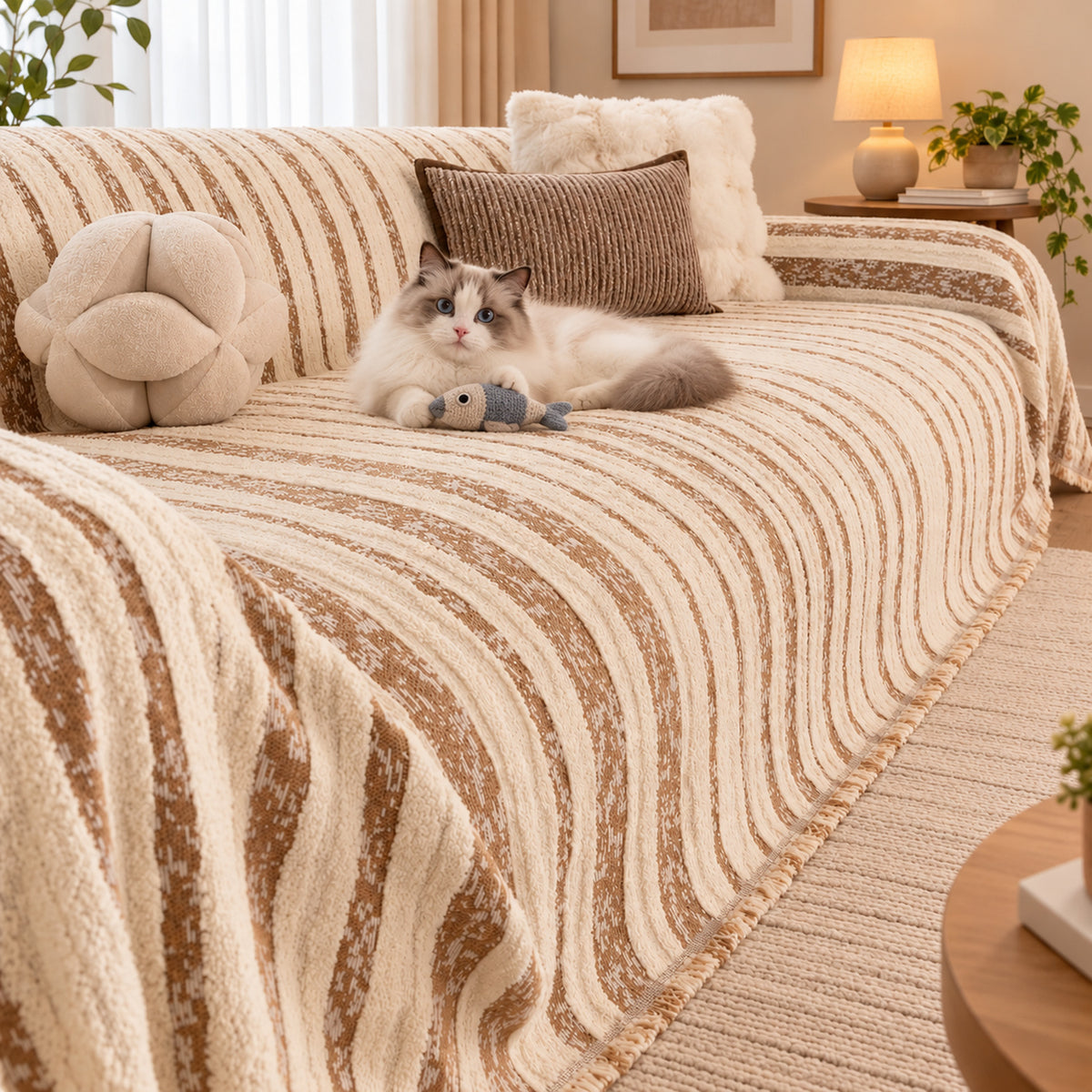 Non-Slip Sofa Cover | Reversible Striped Sofa Throw | Machine Washable