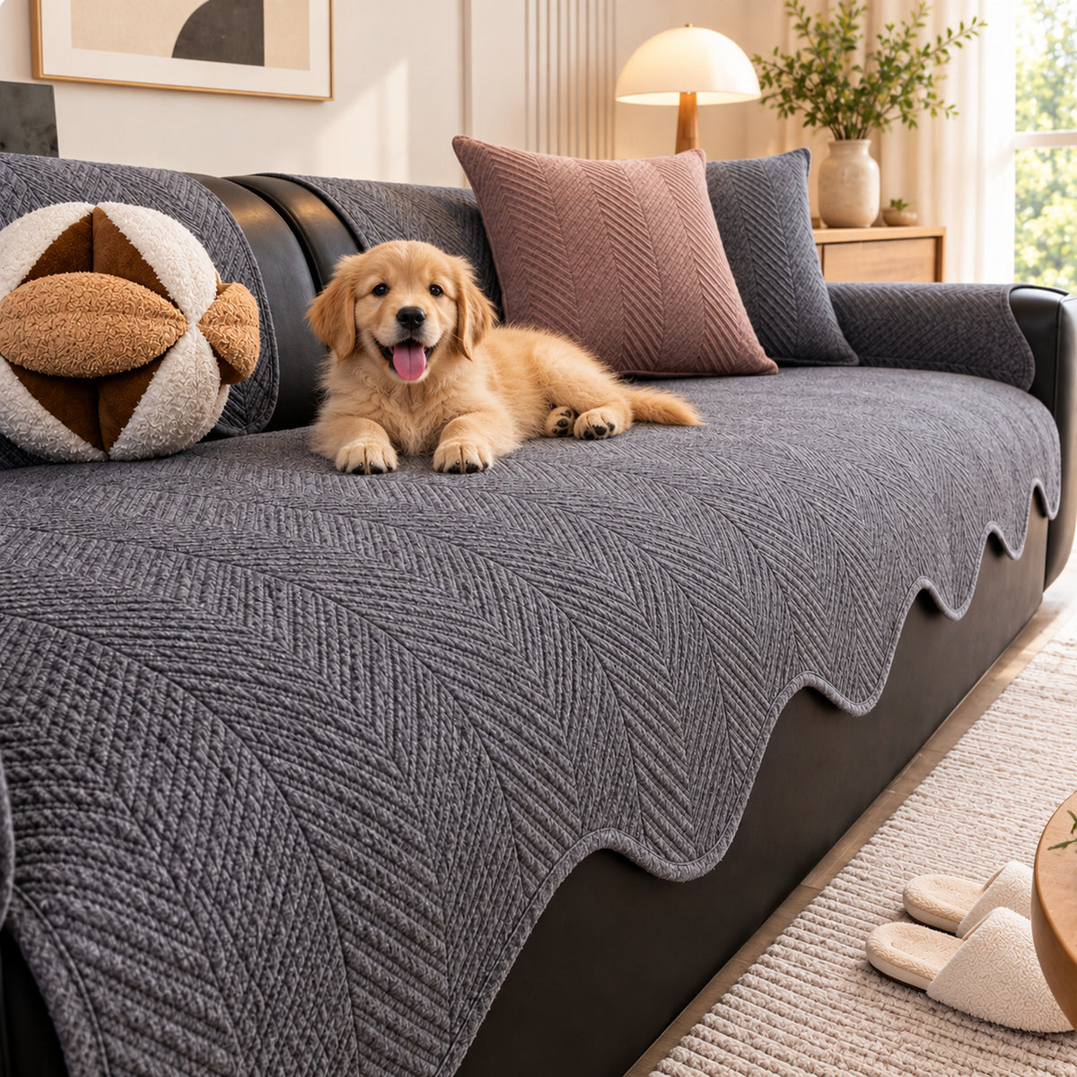 Cotton Herringbone Sofa Cover | Non-Slip Sofa Protector | Machine Washable