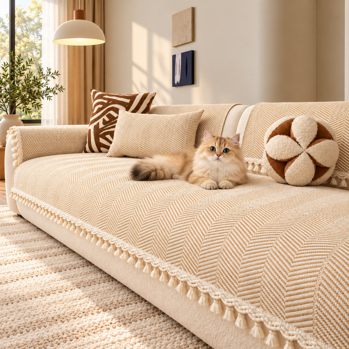 Chevron Cotton-Linen Sofa Cover | Non-Slip Sofa Protector with Tassels