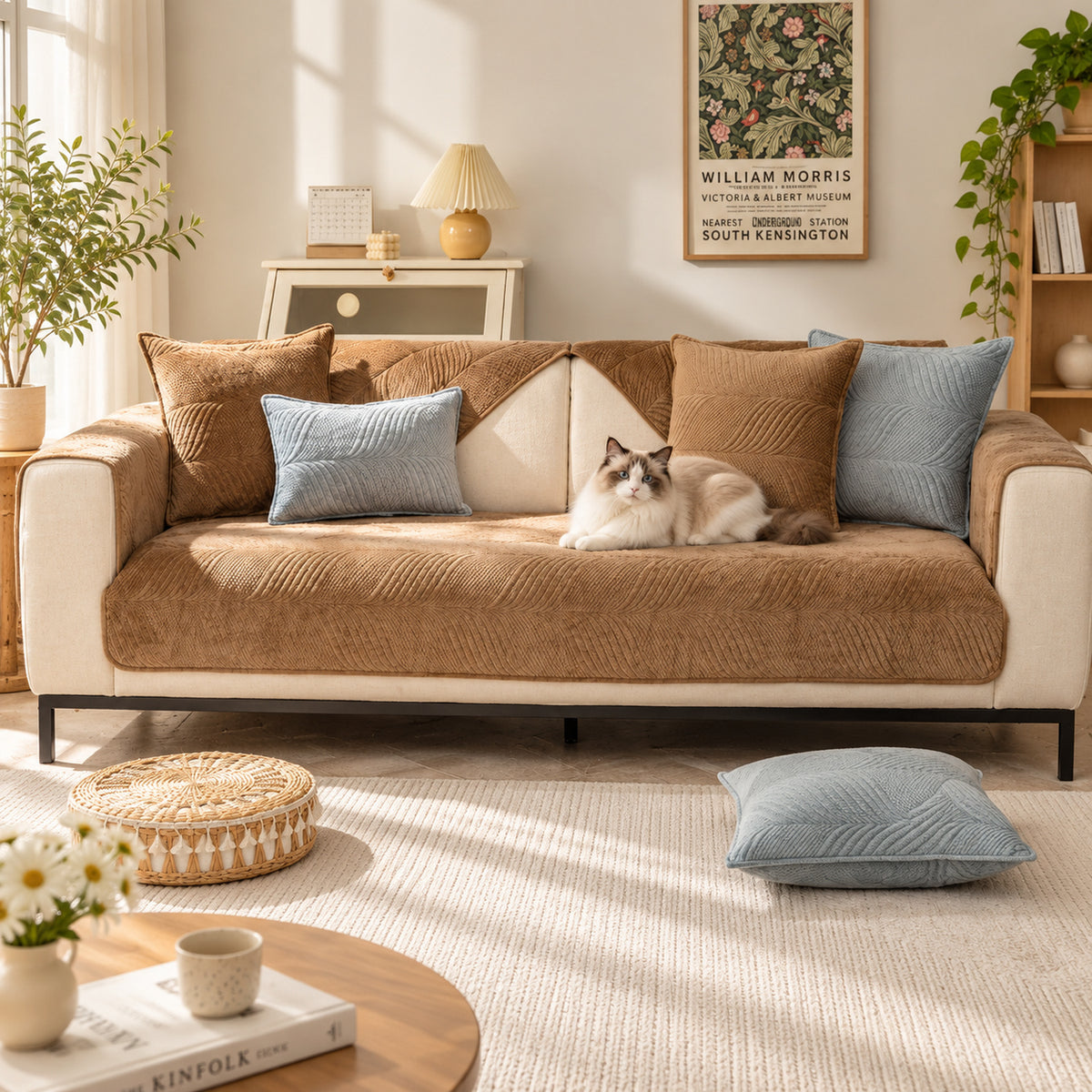Plush Sofa Cover with Wavy Stitching | Non-Slip & Machine Washable