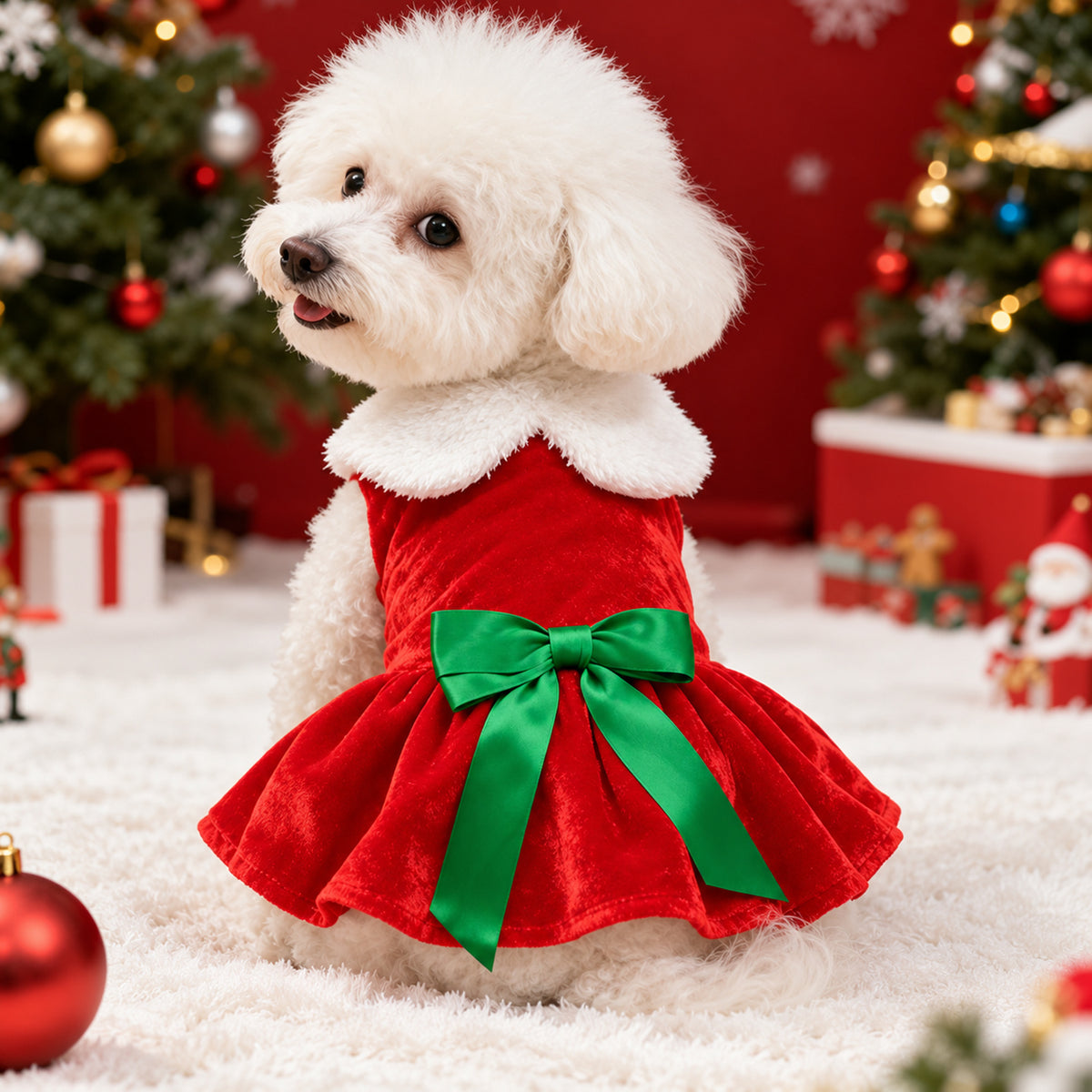 Christmas Dog Outfit | Velvet Dress for Dogs & Cats with Oversized Bow & Flared Skirt