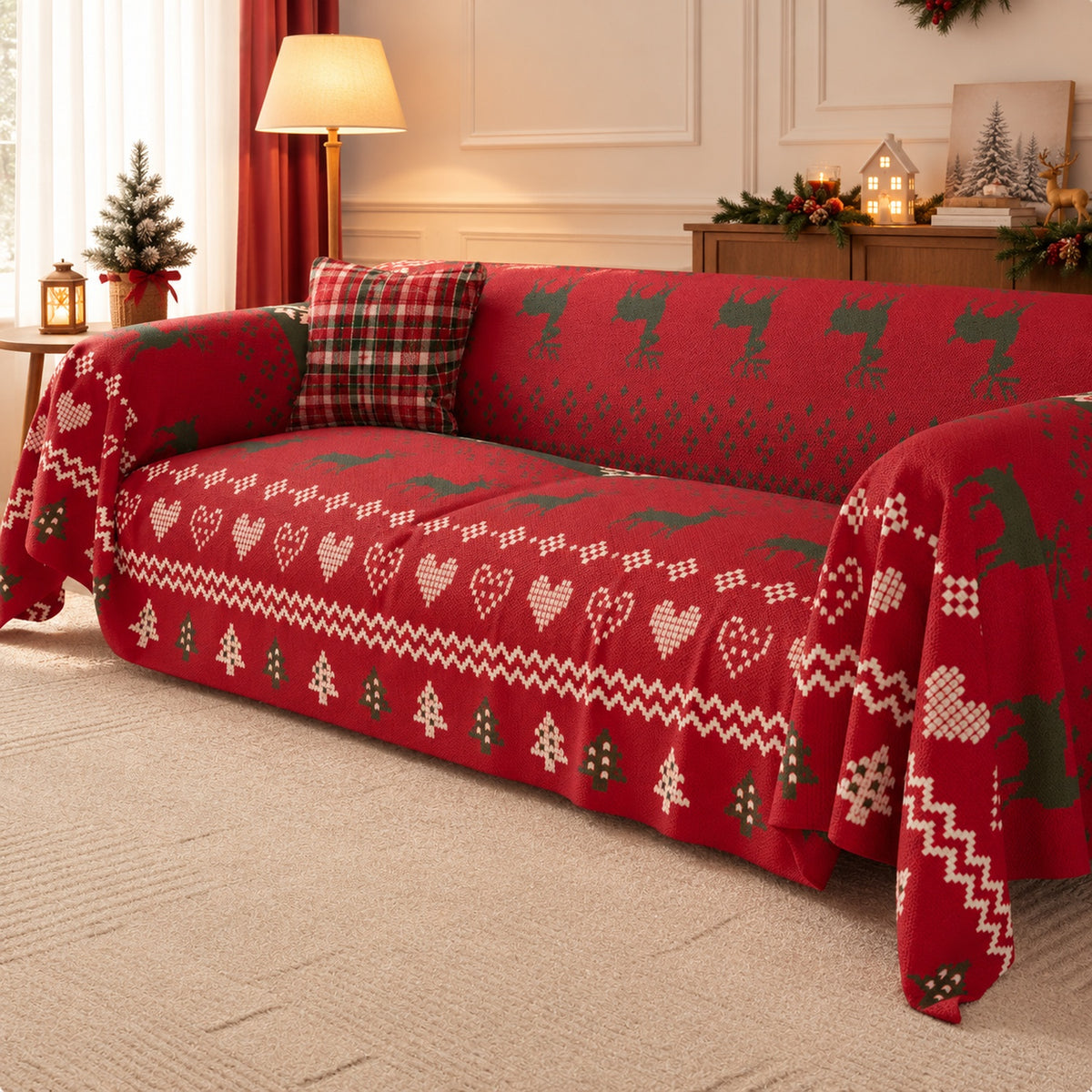 Christmas Sofa Throw | Washable Linen Sofa Cover | Reindeer Pattern