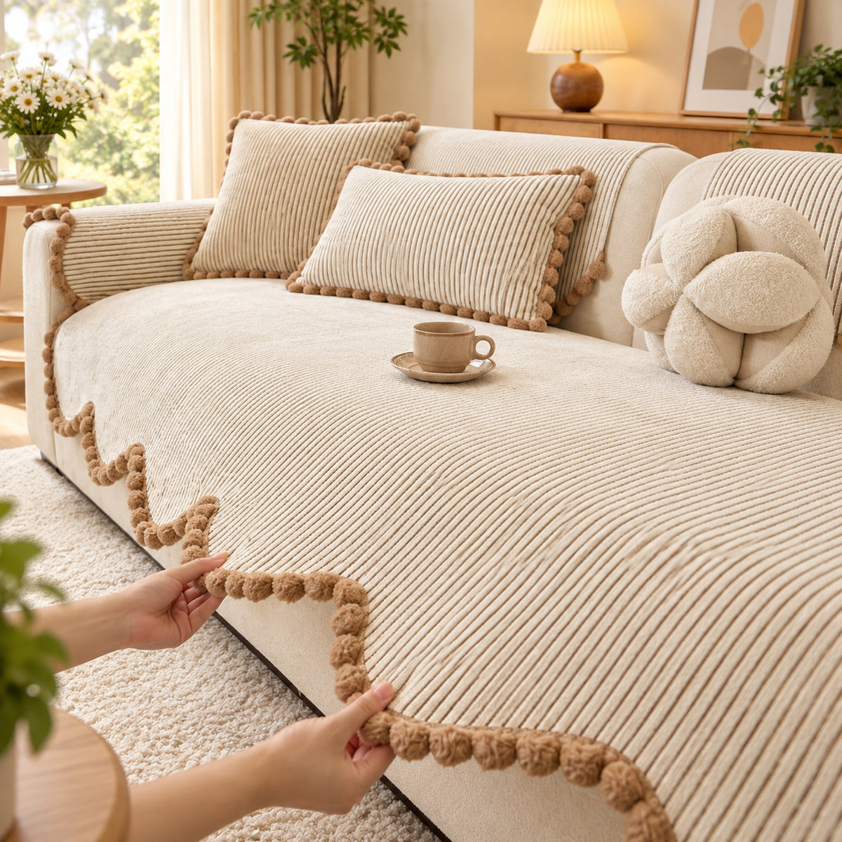 Sofa Cover | Chenille Sofa Protector | Non-Slip Cat-Scratch Resistant | Pom-Pom Trim