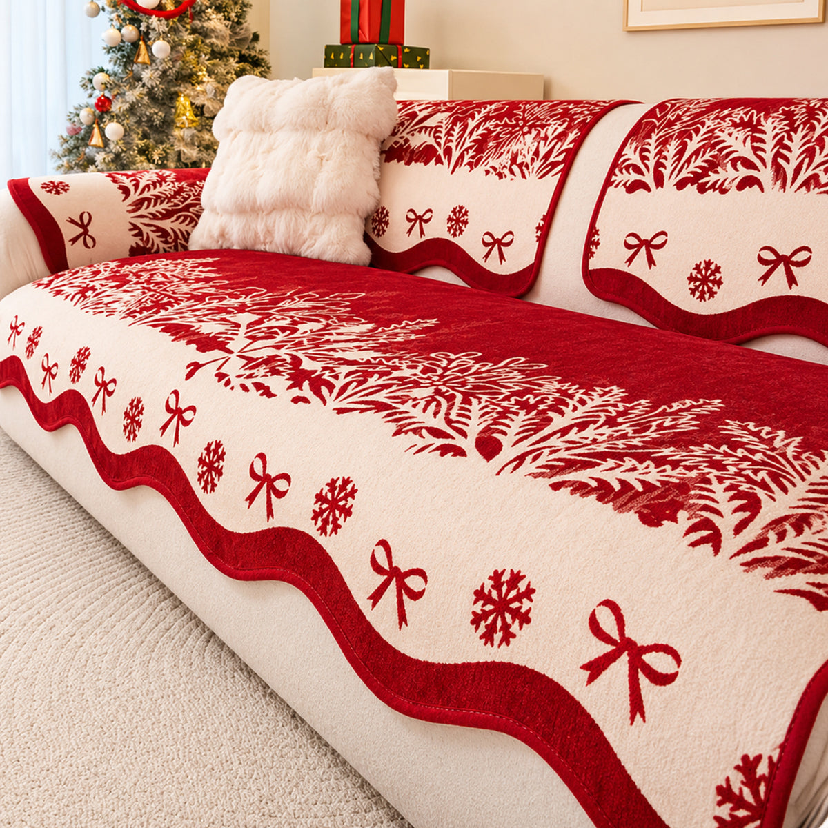Christmas Sofa Cover | Bow & Snowflake Chenille | Non-Slip & Machine Washable