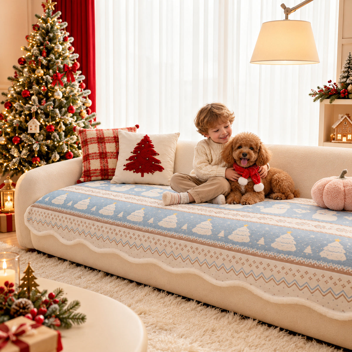Christmas Sofa Cover | Plush, Non-Slip & Machine Washable | Pastel Winter