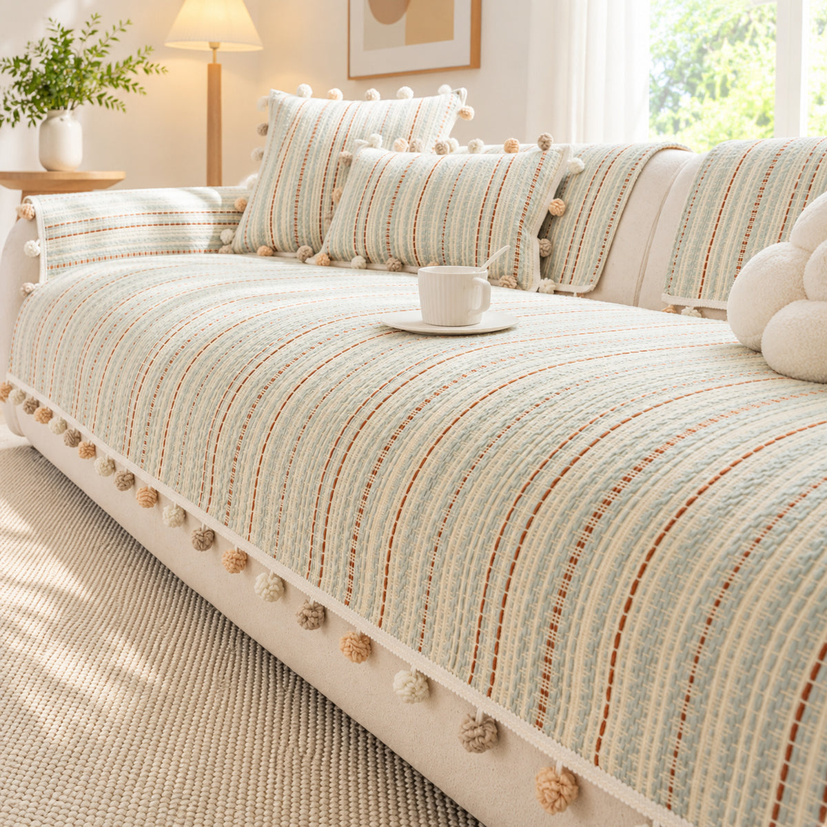 Striped Chenille Sofa Cover | Non-Slip Sofa Protector | Scratch-Resistant