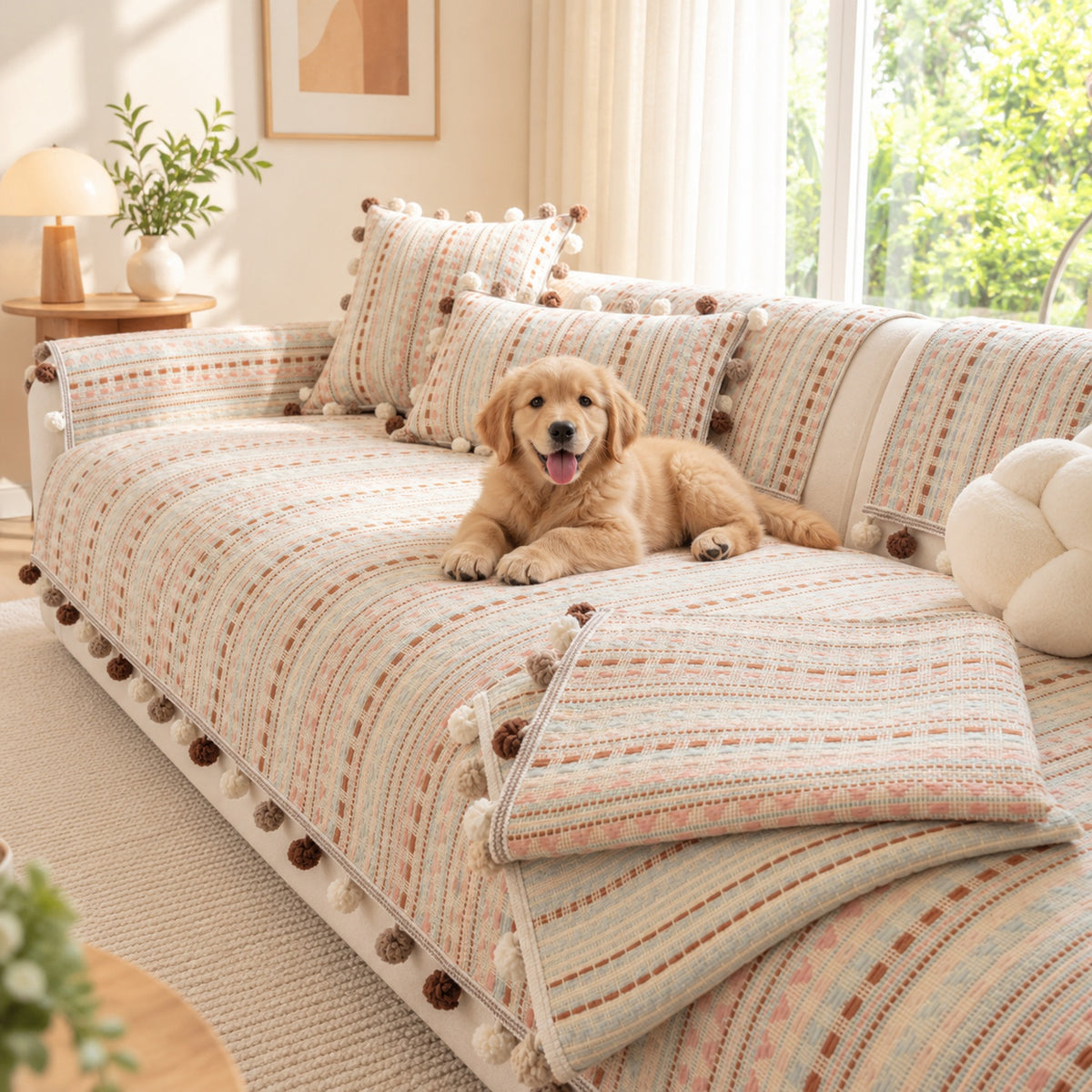 Striped Chenille Sofa Cover | Non-Slip Sofa Protector | Scratch-Resistant