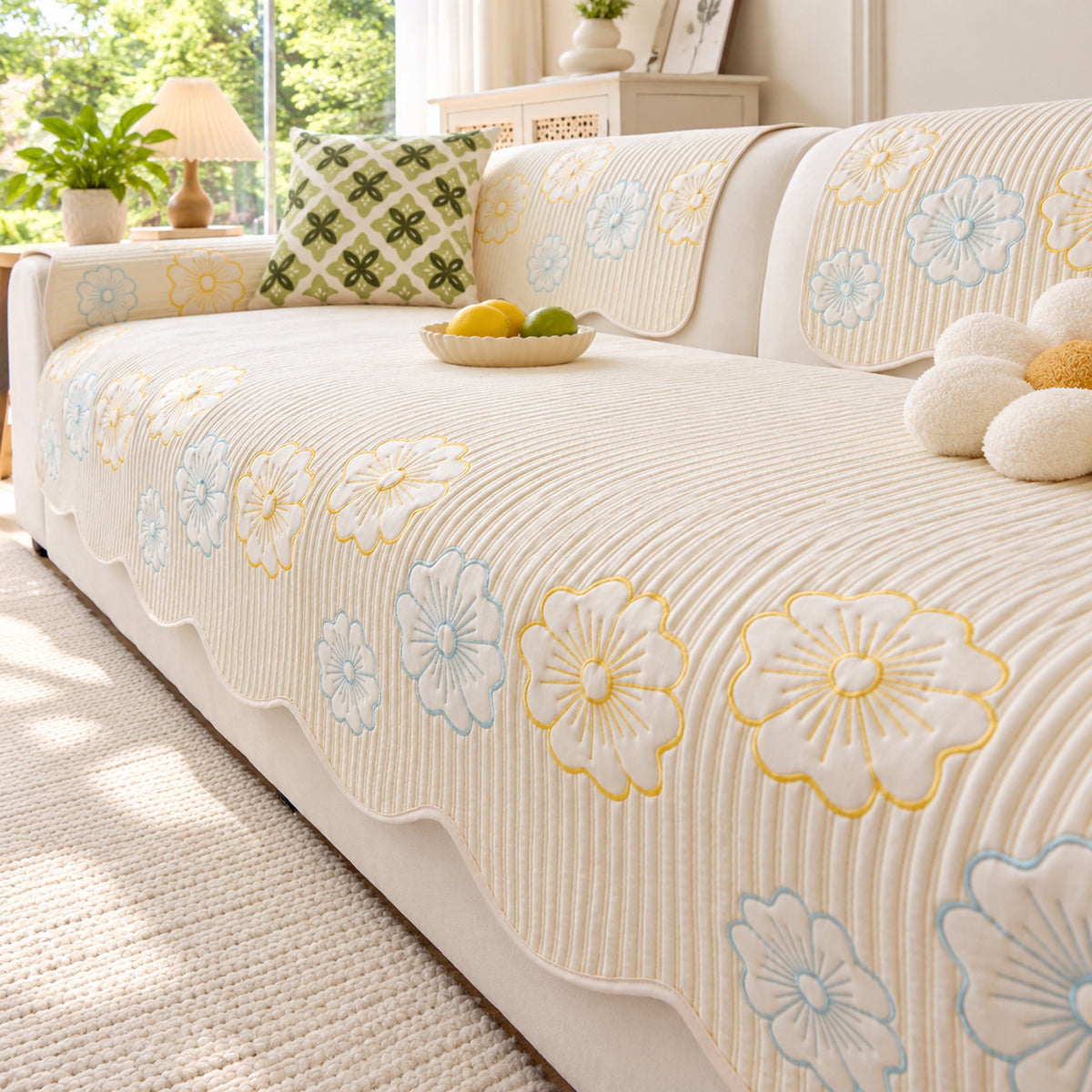 Quilted Floral Cotton Sofa Cover | Non-Slip & Machine Washable