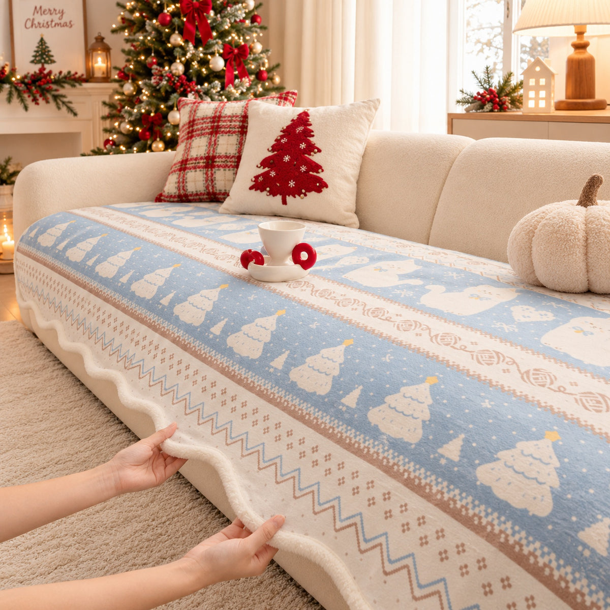 Christmas Sofa Cover | Plush, Non-Slip & Machine Washable | Pastel Winter