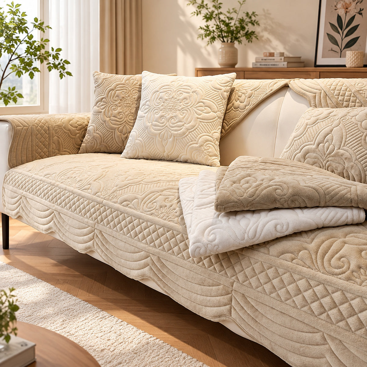 Sculpted Bloom Sofa Cover | Plush Polyester | Non-Slip & Washable