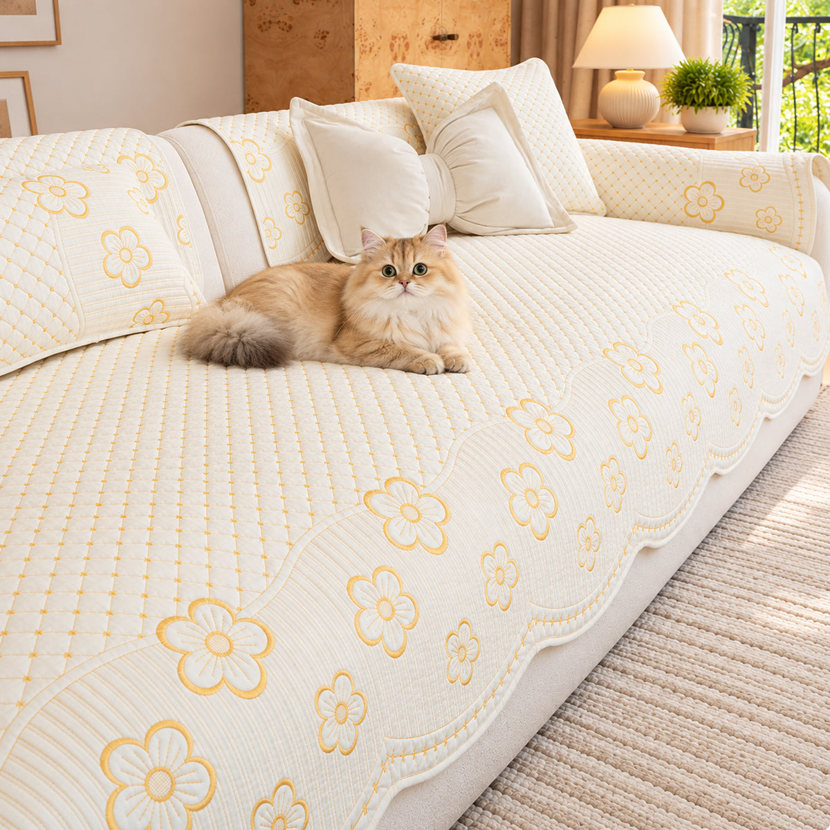 Scalloped Floral Cotton Sofa Cover | Non-Slip & Machine Washable