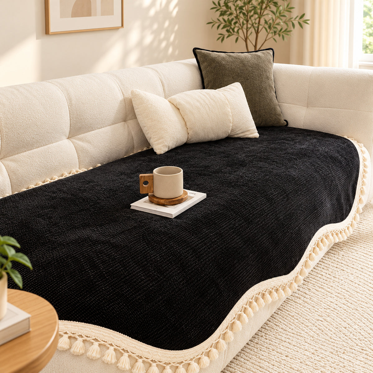Chenille Sofa Cover | Non-Slip Washable | Sofa Protector with Tassels