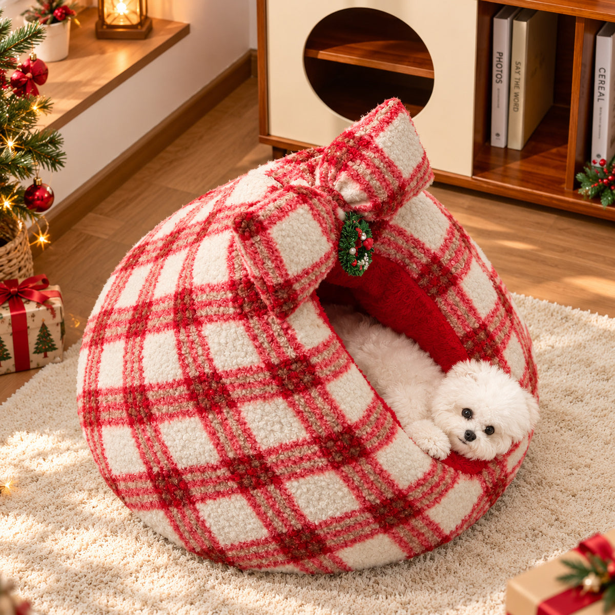 Christmas Dog Bed | Washable Checked Cave for Cat & Dog