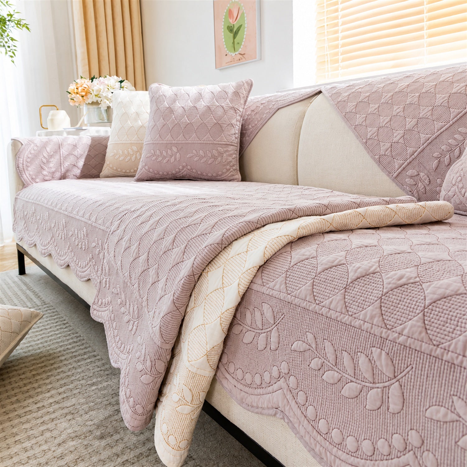 Willow Floral Cotton Sofa Protector | Quilted Non-Slip Washable Cover