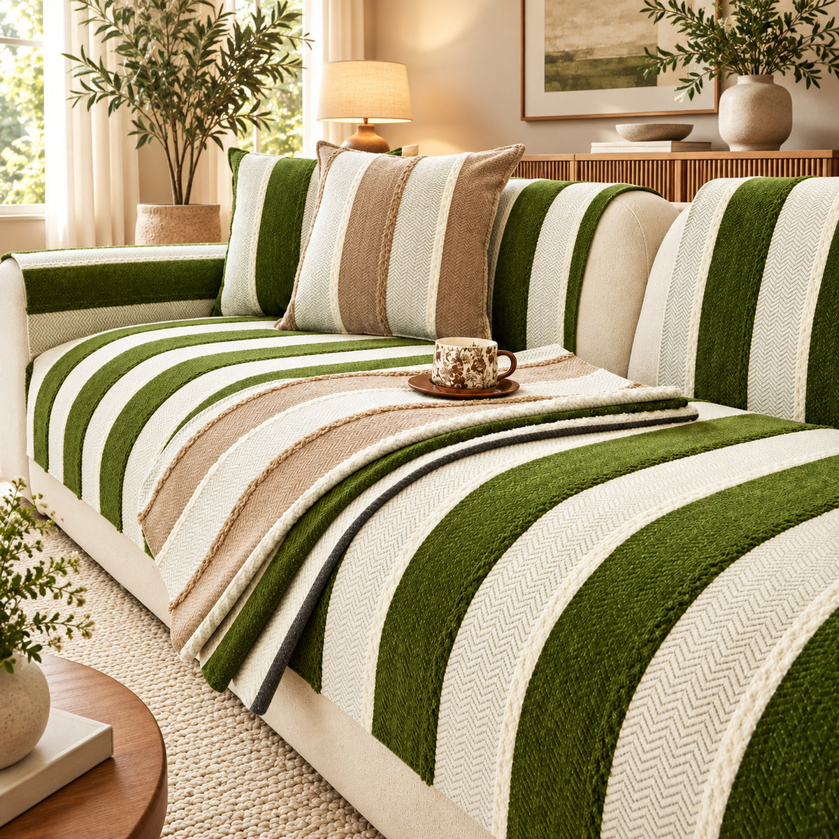 Vintage Striped Sofa Cover | Soft Chenille | Non-Slip, Machine Washable