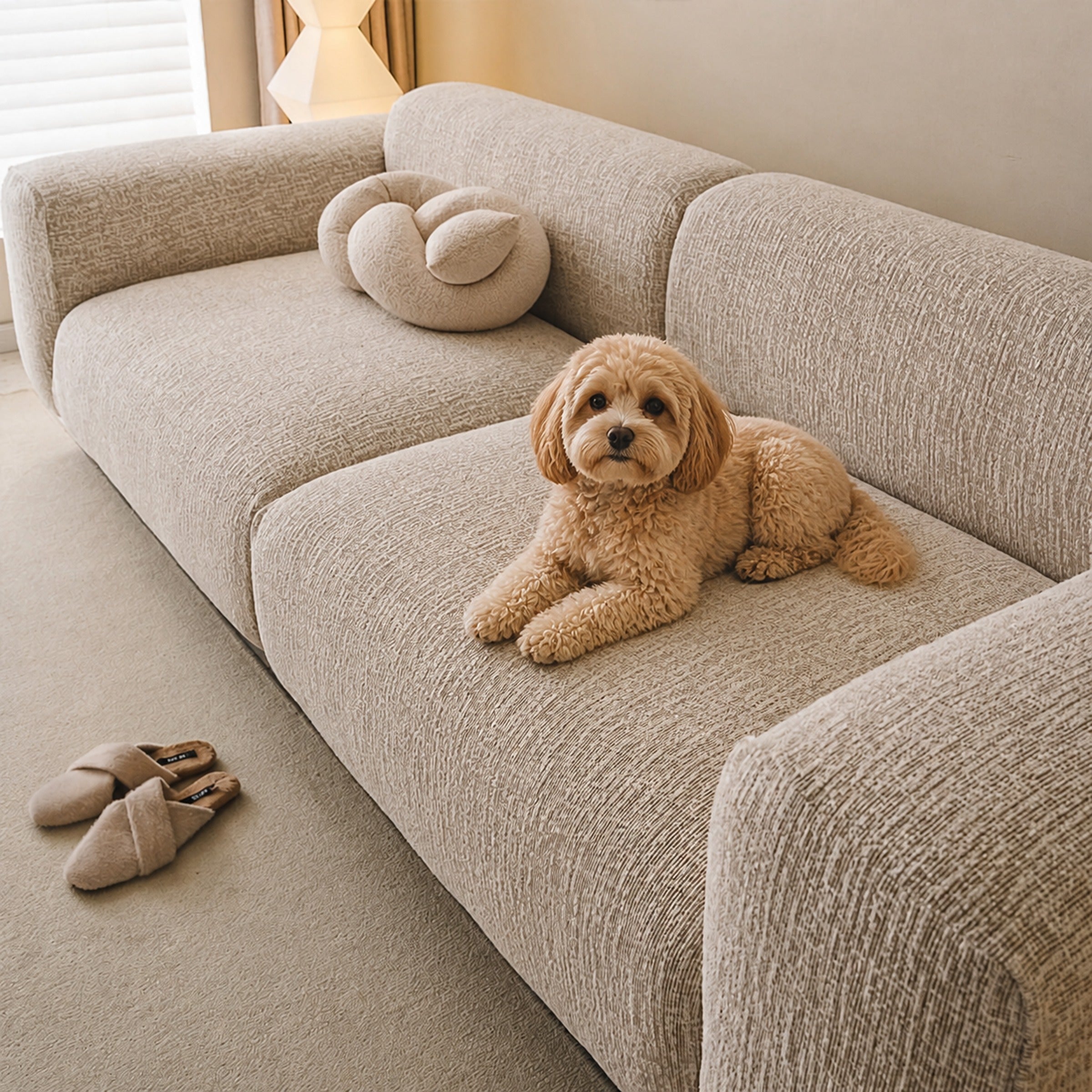 Beige chenille stretch sofa cover with a cute dog resting on the sofa.