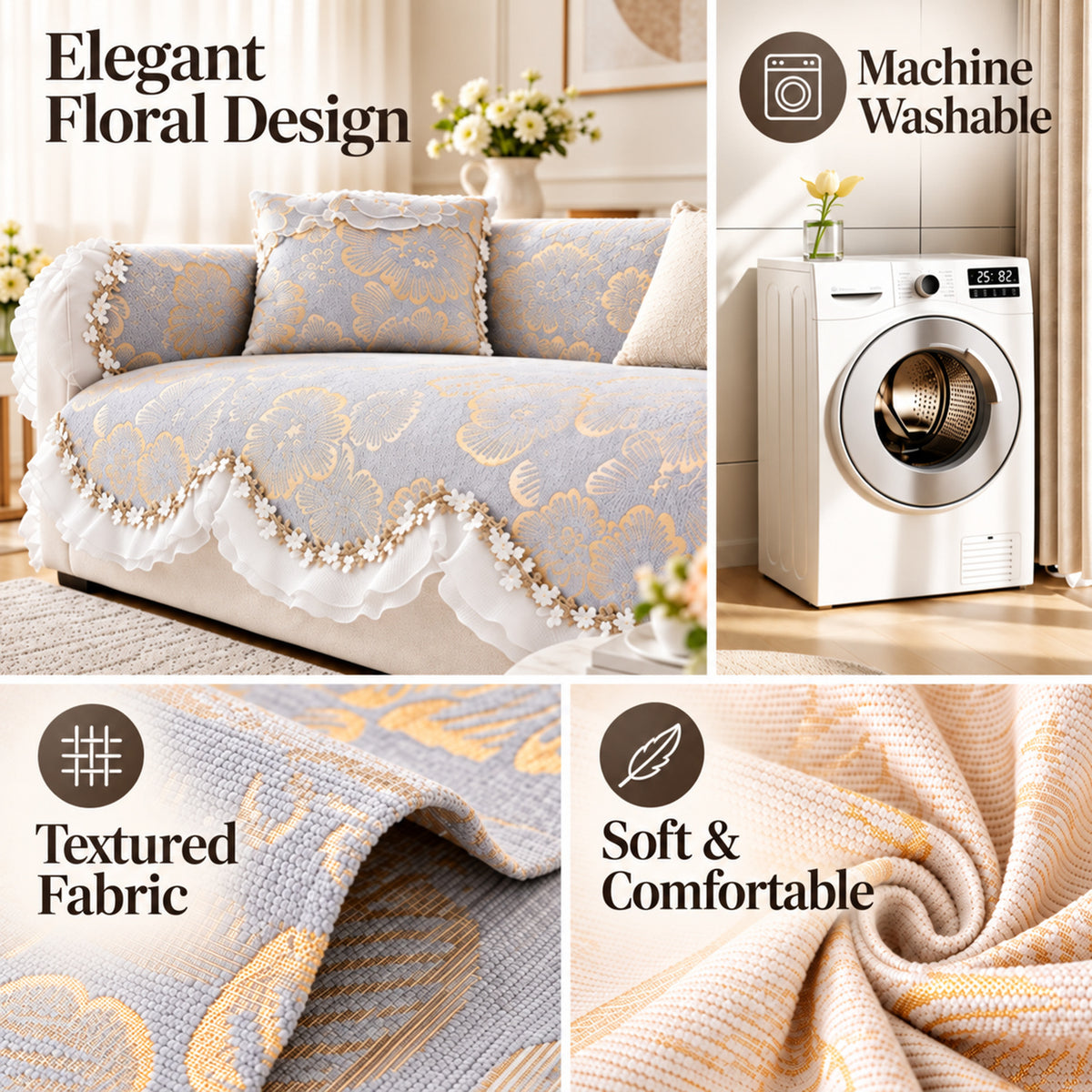 Chenille Sofa Cover | Non-Slip Sofa Protector | Golden Blossom | Machine Washable