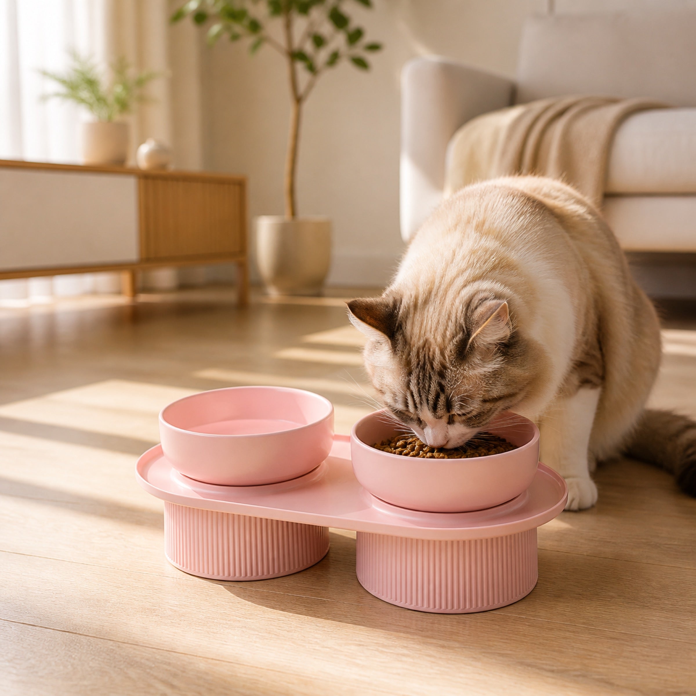 Cat eating from pink elevated ceramic pet bowl in a modern sunlit living room