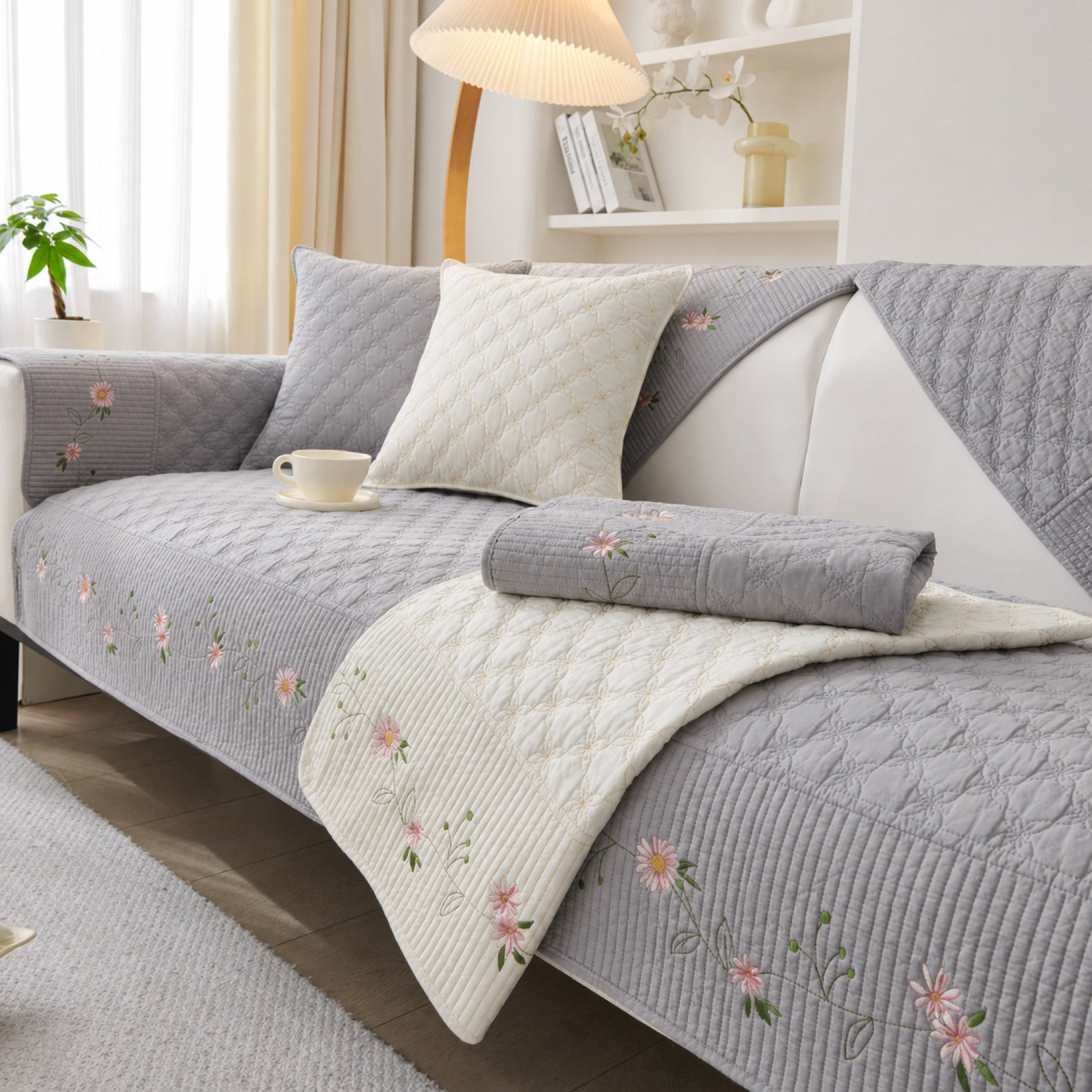 Floral Garden Sofa Cover | Embroidered Cotton | Anti-Slip & Washable