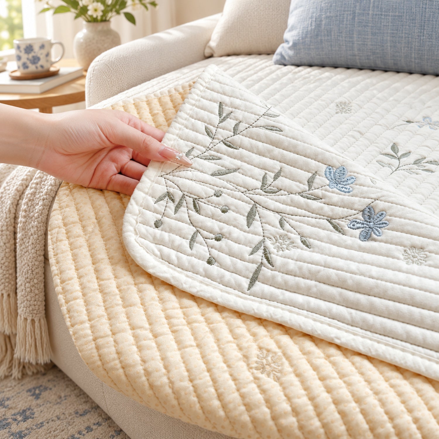 Dainty Meadow Cotton Sofa Cover | Embroidered, Non-Slip & Machine Washable