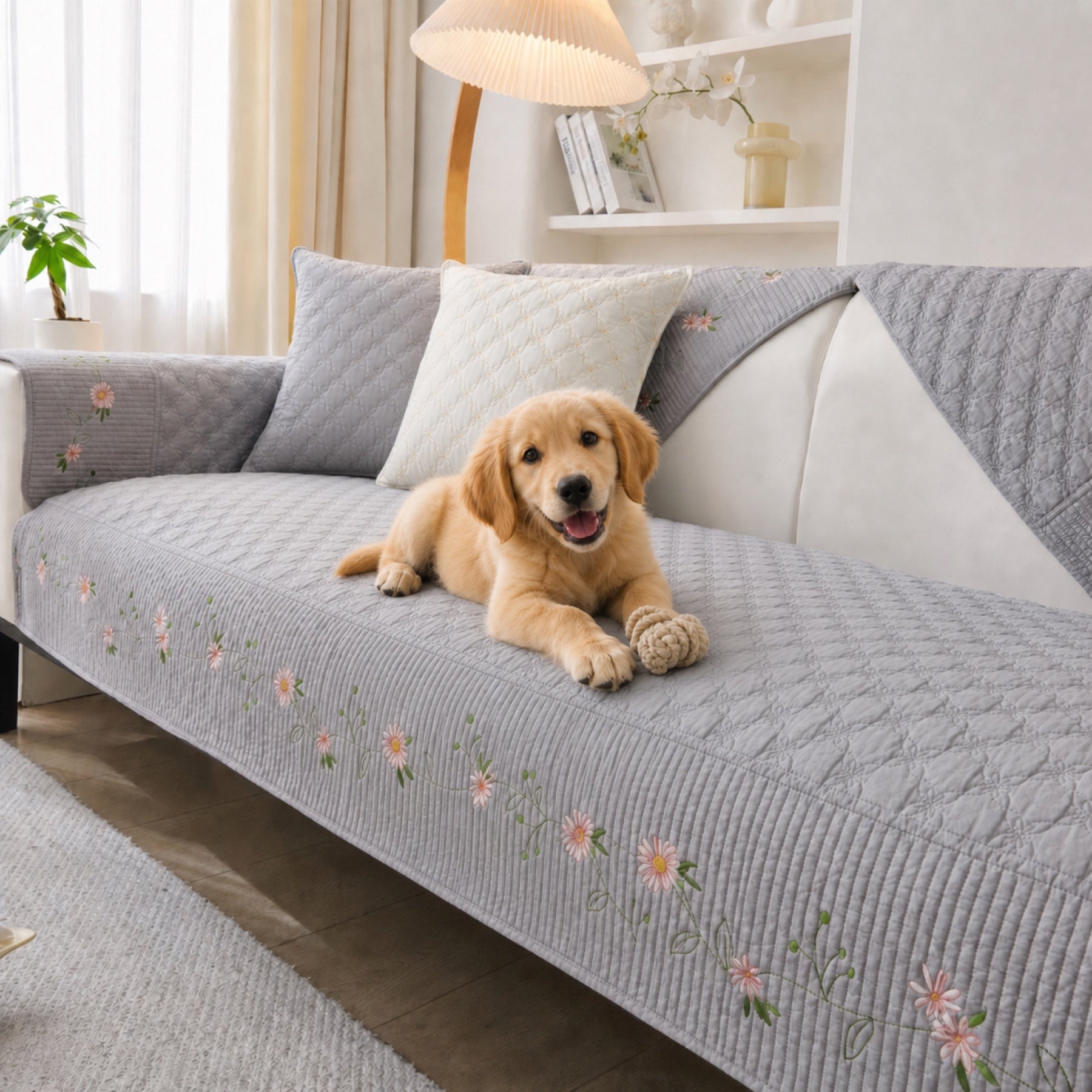 Floral Garden Sofa Cover | Embroidered Cotton | Anti-Slip & Washable
