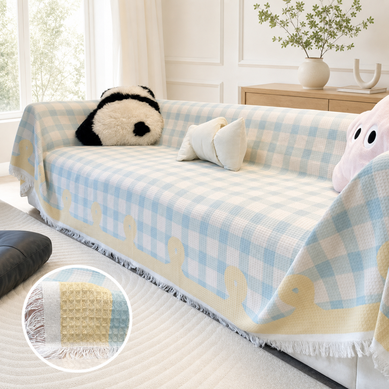 Pastel Gingham Waffle Sofa Throw | Non-Slip All-Season Sofa Protector
