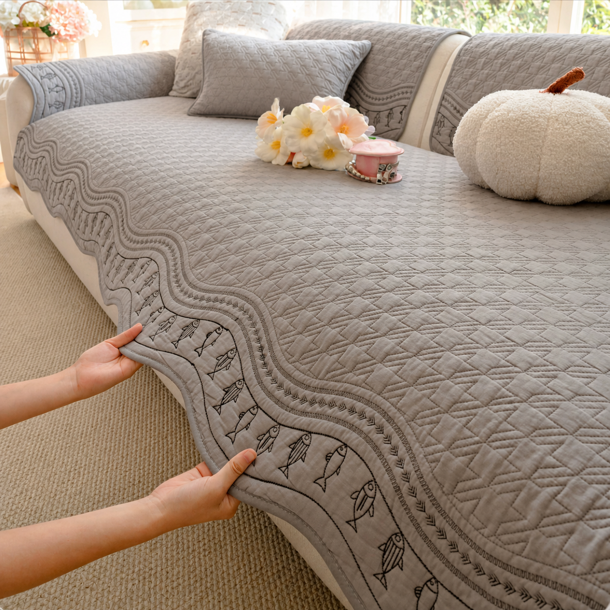 Fish Pattern Cotton Sofa Protector | Quilted Non-Slip Washable Cover